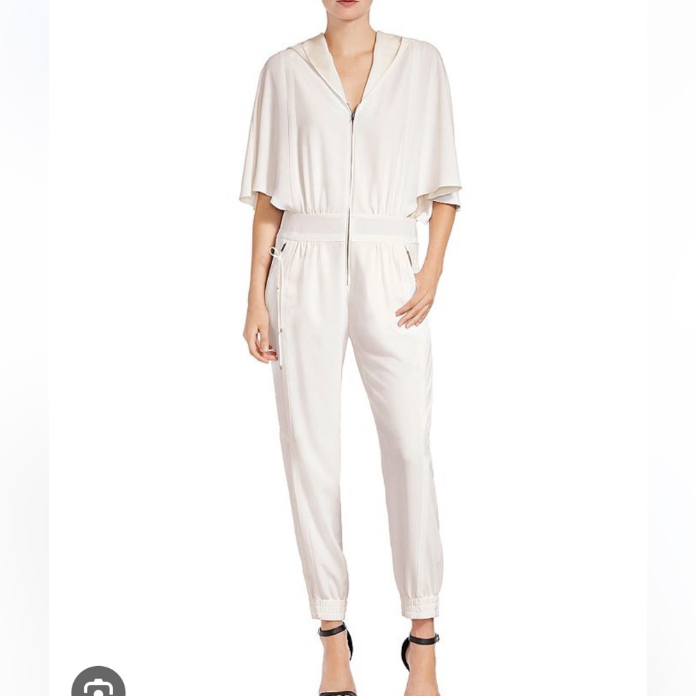 Halston white jumpsuit with hood